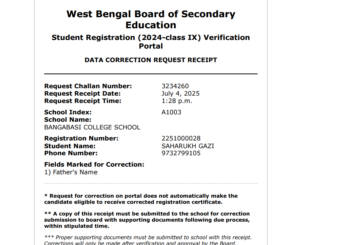 Correction Receipt